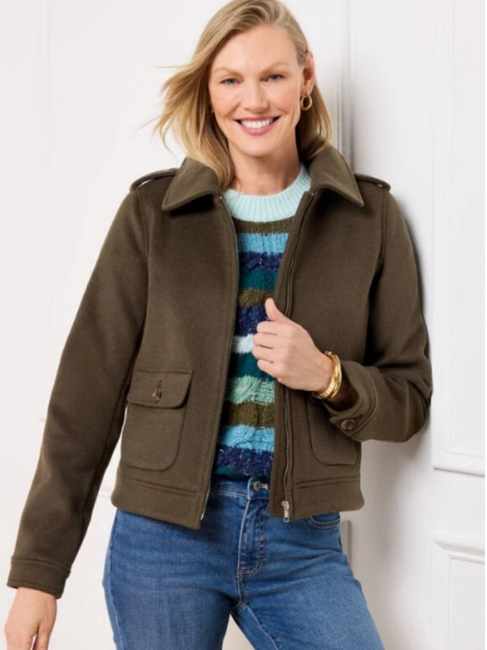Talbots EUC Womens Size S 70% Wool Blend Bomber Jacket Pockets Collar Deep Olive